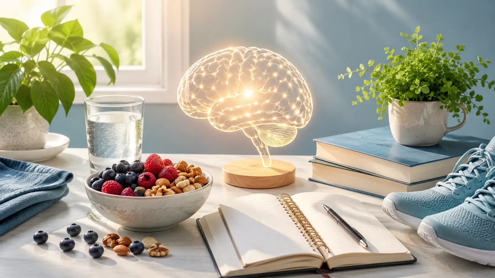 Notebook, water, breakfast, and walking shoes arranged as daily brain-support habits