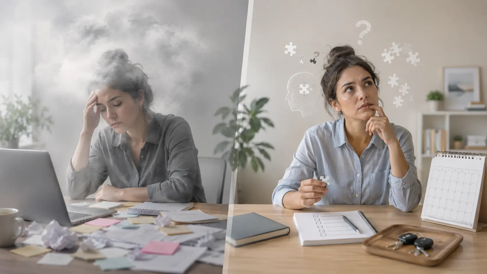 Desk scene with notes fading into clear checklist items