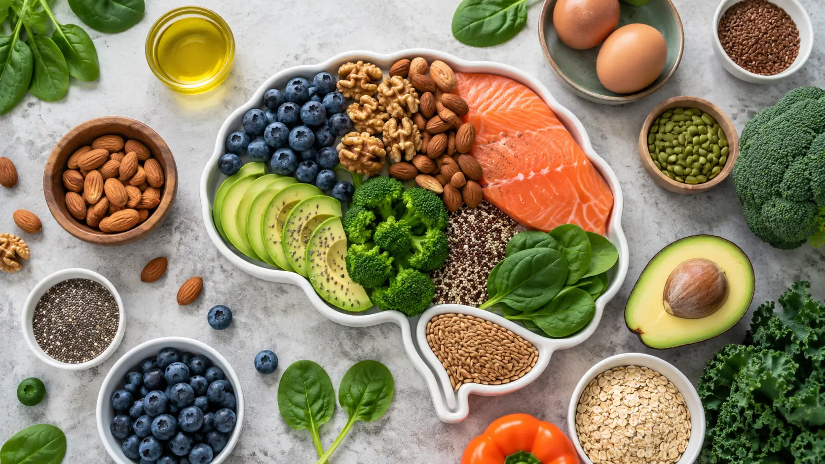 Colorful brain-health foods arranged on a bright kitchen table