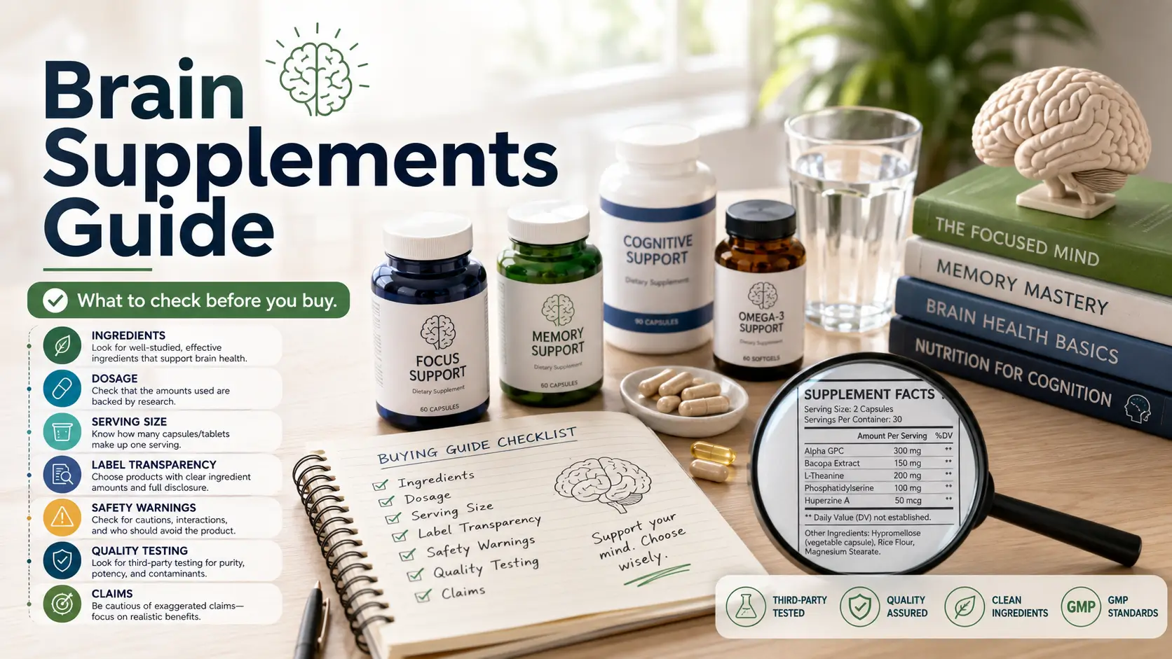 Brain supplement bottle beside a checklist and magnifying glass