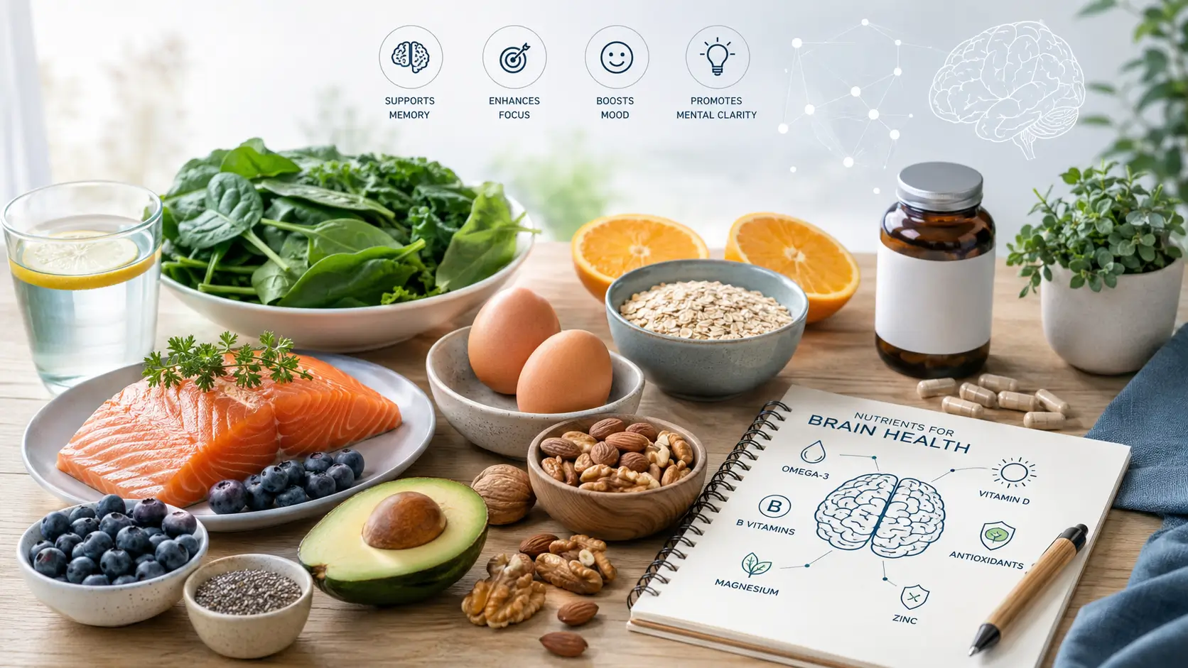 Supplement label and nutrient-rich foods on a clean counter